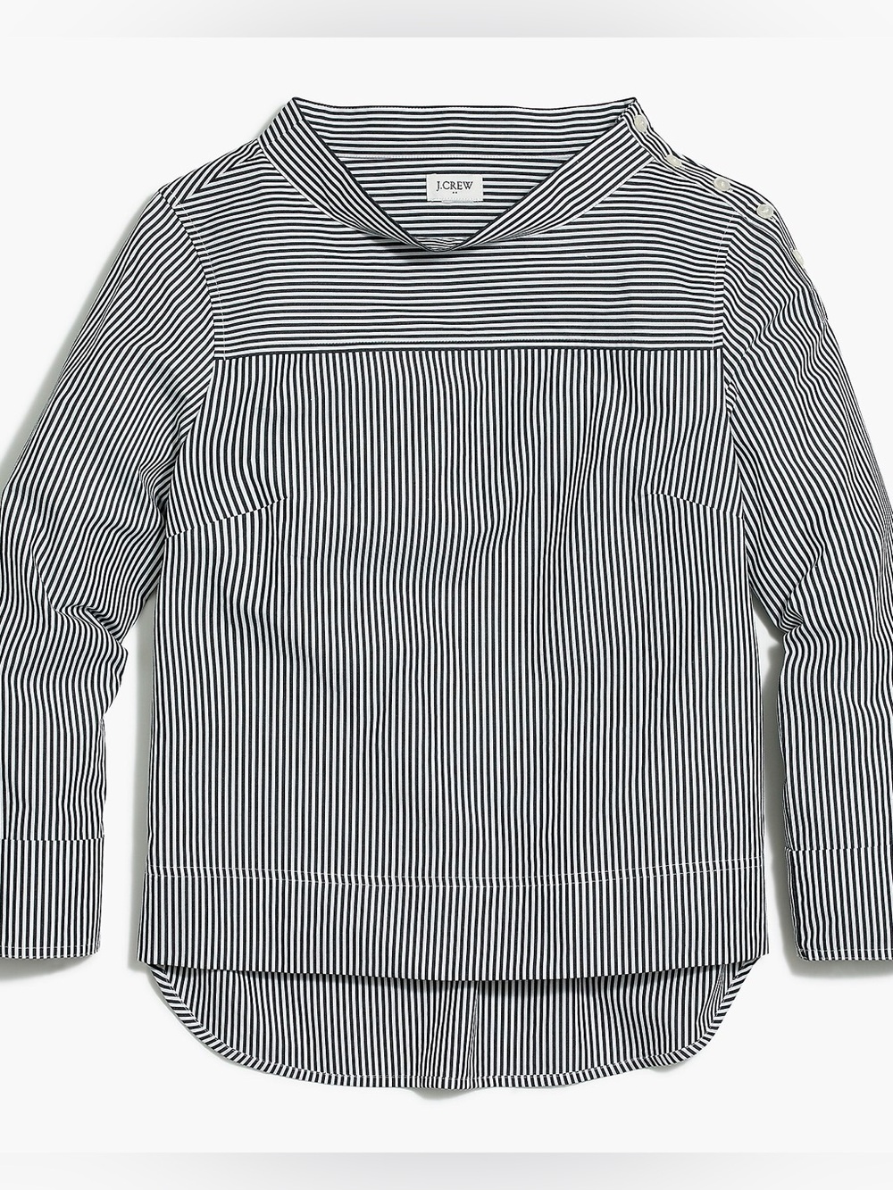 J.Crew Funnelneck Grey Striped Button-Shoulder Blouse High-Low Hem size 6
